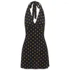 Casual Dresses French Dress Hanging Neck V-Neck Open Back Slim Black Circle Print Female Sexy A-Line Short