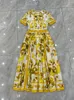 Fashion Yellow Pocelain Printing Dress Spring Summer Women 100% Cotton Vintage Vestidos Hight Street