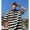 Men's Sweaters American Hong Kong Style Striped Short Sleeved Polo Shirt For Large Lapel T-shirt