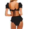 Swimwear Women’s Puff Sleeve Bikini Rucked High Taist String Bowsuit Bowknot Kawaii Y2K MAISONS DE VACIE