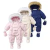 AYNIGIELL Winter born Thickening Jumpsuit Built-in Wool Hooded Down Romper Baby Boys and Girls Warm Snowproof Overalls 240409