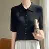 Kvinnors T -skjortor Summer Worsted Wool Sticked Cardigan Short Sleeve Casual Lapel Ladies Tops Mittade blus Pullover Tees