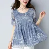 Kvinnors blusar Fashion Printed Folds Blare Sleeve Floral Chiffon Blue Women Clothing 2024 Summer Overized Casual Pullover Commuter Shirt