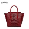 Drawstring SUWERER 2024 Women Genuine Leather Bag Fashion Crocodile Pattern Cowhide Woemn Luxury Handbags