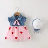 Flickaklänningar sommar baby klänning denim småbarn kläder set boll klänning tutu med halm hatt tyll prinsessa chidlren barn kläder