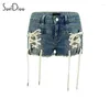 Jeans féminins Soefdioo High Strecth Blue Denim Shorts Woemen Bandage de mode Slim Lift Hip Coltwers Retour 2024 Y2K Harajuku Streetwear