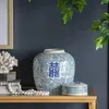 Bouteilles Jar de gingembre en céramique bleu et blanc avec couvercle Ancient Chinese Oriental Style Multiding