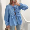 Women's Blouses Women Y2k Tie Front Tops Puff Long Sleeve Peplum Shirts Laceup Babydoll Blouse 2024 Summer Cute Going Out Streetwear