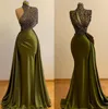 Luxus lange Abendkleider 2021 High Neck Meerjungfrau Stil Perlen Dubai Frauen Olive Green Satin formelle Promkleider3926385