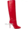 Stiefel modische rote Lederspitze Zeh Dünne High Heel Frauen Winter Knie Plus Size 43