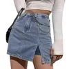Skirts Women Summer High Waist Sexy Side Split Denim Mini Skirt With Inner Shorts Simple Solid Color A-Line Flared Package Hip