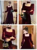 Casual Dresses Velvet Dress Women Square-neck Collar Wine Red High-quality Loose Female 2024 Autumn Fashion Long Sleeves Skirt