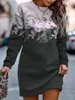 Casual Dresses Autumn Winter Fashion Print Sweatshirt Dress For Women Long Sleeve Oversize Crew Neck Floral Ladies