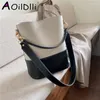 DrawString Aoildlli Patchwork Hink Shoulder Bags For Women Wide Strap Korean Style Soft Pu Leather Ladies Handbags Autumn 2024