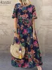 Zanzea Bohemian Holiday Sundress Summer Women Vintage Floral Print Print Play Plass Lose Long Vestido Rope Femme 240410