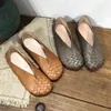 Casual Shoes Genuine Leather Women Platform Loafers 2024 Handmade Cowhide Woven High Quality Retro Zapatos De Mujer