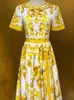 Mode Geel Pocelain Printing Dress Spring Summer Women 100% Cotton Vintage Vestidos Hight Street