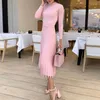 Casual Dresses Women Autumn Long Sleeve Ribbed Knit Midi Sweater Dress Mock Neck Slim Fit Pleated Flare Empire Waist Solid Color Stretchy