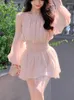 Рабочие платья 2024 Лето розовый сладкий 2 кусок платья набор женщины с длинным рукавом ретро -блузя Y2K Мини -юбка офисная леди корейская модная костюма шифон