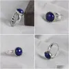 Clusterringe FNJ 925 Sier Round Lapis Ring für Frauen Schmuck Original reiner S925 Sterling Natural Blue Stone Drop Lieferung DHYK1