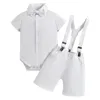 Clothing Sets Baby Boys Cotton Gentleman Suit Baptism Birthday Wedding Party Outfit Short Sleeve Shirt Romper With Suspenders Pants Bow Tie