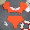 Swimwear Women’s Puff Sleeve Bikini Rucked High Taist String Bowsuit Bowknot Kawaii Y2K MAISONS DE VACIE