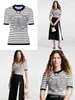 여자 티셔츠 디자이너 슬리밍 슬림 핏 컬러 컬러 짧은 슬리브 티셔츠 여자 네크 라인 체인 흑백 스트라이프 스플릿 스 플라이 싱 탑