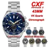 CXF Watches F1 43mm VK Quartz Chronograph Mens Watch Blue Dial Rostfritt stålarmband Gents armbandsur