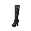 Boots PXELENA Fashion Knee High Women 2024 Winter Chunky Block Heels Platform Long Riding Lady Shoes Pleated 34-43