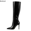 Boots Ronticool Femmes faites à la main Hiver Knee High Side Zipper STILETTO Talons pointés Points Chaussures robes noires Ladies plus US Taille 5-15