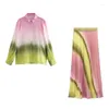 Work Dresses 2024 Women's Printed Skirt Set Long Sleeve Shirt Lapel Tie-Dye Blouse Tops High Waist Pleated Skirts Woman Streetwear