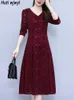 Casual jurken herfst winter vintage rode kanten trouwjurk vrouwen elegant luxe feest long bodycon v-neck prom avond midi