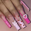 Faux Nails French Pink Faux Nails avec Strawberry 3D Pearl Heart Design Press ON Nail Couvercle complet portable Long Cercer