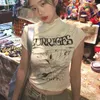 T-shirts pour femmes Tirtleneck à manches volantes Lettre de fleur graphique Y2K E-Girl Summer Skinny esthétique Vêtements Streetwear Punk Grunge Tees