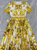 Fashion Yellow Pocelain Printing Dress Spring Summer Women 100% Cotton Vintage Vestidos Hight Street