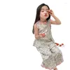 Kledingsets Kinderpak 2024 Zomermeisje Prinses Loose Garden Stijl Koreaanse editie Bloemen Lace Doll -jurk Wijd been broek