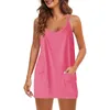 Femmes Ensembles de deux pièces Pantalons de robe Mini robe sans manche en V Spaghetti Spaghetti Spaghetti Strap Strap Athletic Robe courte avec poches