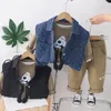 Kläderuppsättningar Småbarnsspårar 2024 Spring Baby Boy Clothes 2 till 3 år Casual Denim Vest Cartoon T-shirts Pants Kids Boys Outfit Set Set