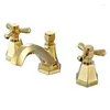Bathroom Sink Faucets Luxury 24K Gold Classical Faucet 3 Holes 2 Handles Basin Mixer Tap Golden Artistic Cold Copper Bath