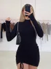 Långärmad ruched bodycon dres turtleneck bandage mini klänningar hösten svart mager stretchy party vestidos 240411