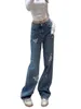 Neues Design Frauen hoher Taille lose Logo Stickerei Weites Bein lose Denim Jeans Hosen Lange Hosen Smlxlxxl