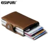 Wallets EISIPURI Men Genuine Leather double Metal Credit Card Holder Aluminium RFID Blocking Wallet Hasp Mini Vintage Wallet Hold Cards