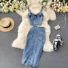 2024 Summer Women kjol Två stycken Sexig V-ringad ctoped denim Vest High midje denim kjolar koreanska damer ärmlösa kostymer 240418