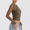 女性用Tシャツセクシーなメッシュシールスルークロップトップバックジッパー春夏長袖中腹部ソリッドカラーYWFD005