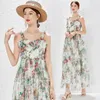 Casual Dresses Women Floral Print Mesh Party Dress Summer 2024 Designer Runway Spaghetti Strap Ruffles Slash Neck Tulle Maxi N3069