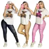 Summer Designer Clothing Women Two Piece Pants Casual Crew Neck T-Shirts and Leggings Tryckt spårdräkter Jogging Wear Free Ship