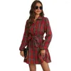 Casual jurken rode shirt jurk dames 2024 herfst winter lantaarn mouw gingham a-line korte wrap voor