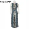 FAGADOER Fashion Streetwear Women Denim Hole Hollow Sleeveless Crop Top And Side Slit Skirts Two Piece Sets Sexy Cowboy Outfits 240412