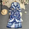 Casual Dresses LKF Autumn Fashion High-level Sense Waist Slimming Blue And White Porcelain Printed Single-breasted A-line Dress For Women