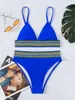 Women's Swimwear Blue Print Swimsuit Bikini Women Solid Color Sexy High Leg Thong Bikinis 2024 Female 2 Piece Bathing Suit Beachwear